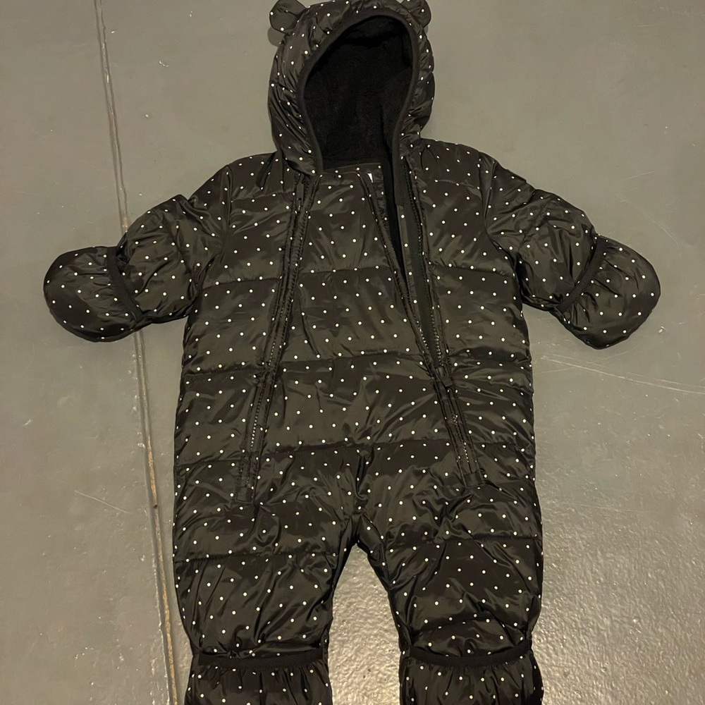 Black and white polka dot puffer baby snow suit